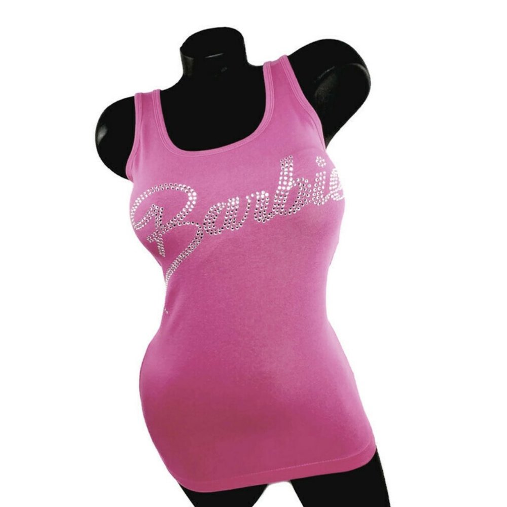 Barbie pink fitted racerback tank with rhinestone crystals.